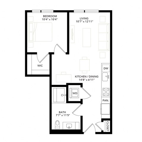 Floor plan for 1 bed, 1 bath, 627 sqft